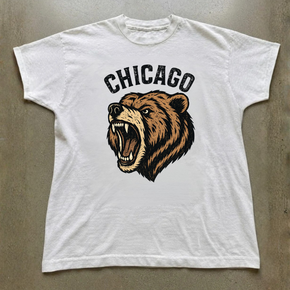 Chicago Angry Bear Head Grunting Fierce Vintage White T-Shirt